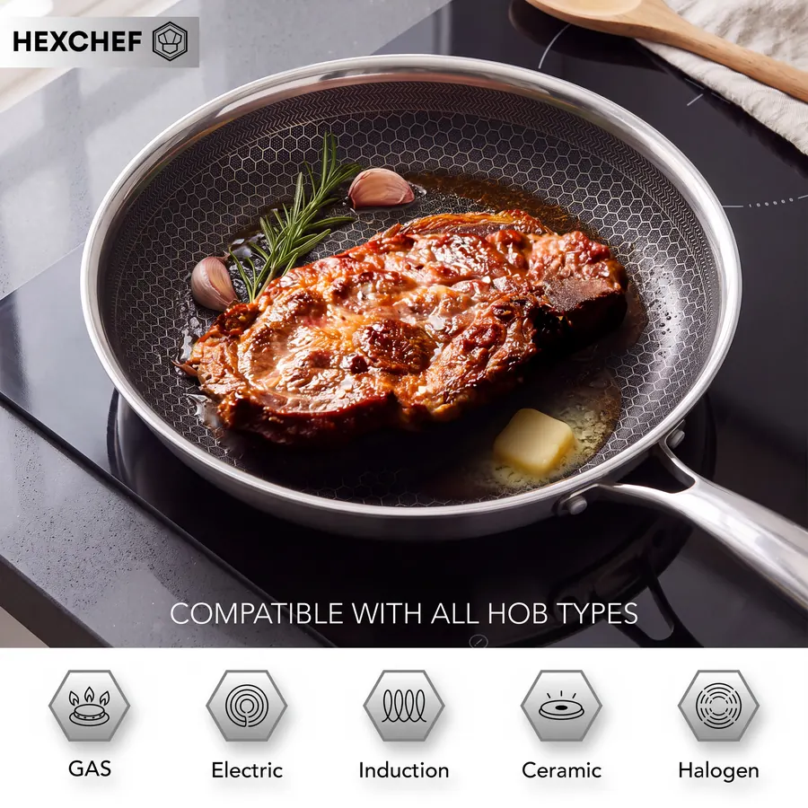 Steak searing in a HexChef frying pan, compatible with gas, electric, induction, ceramic and halogen hobs