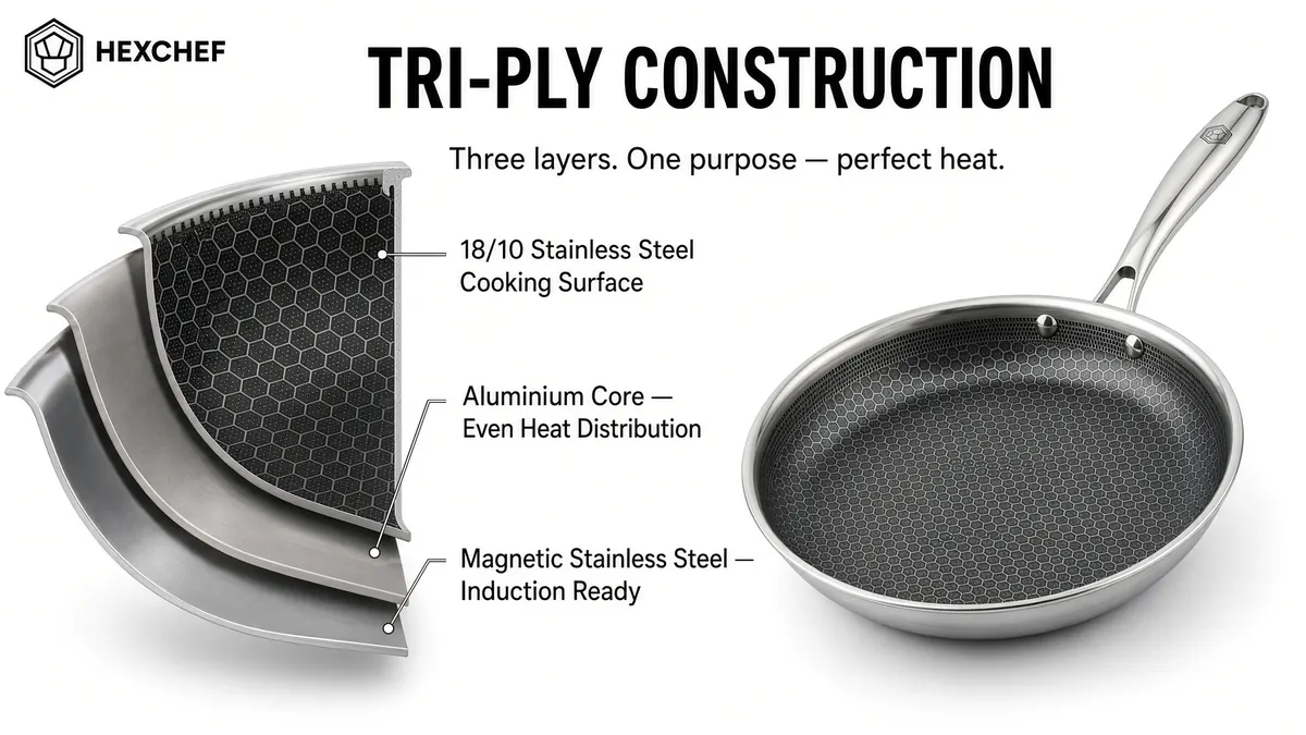 Tri-ply construction: 18/10 stainless steel cooking surface, aluminium core and magnetic stainless steel base