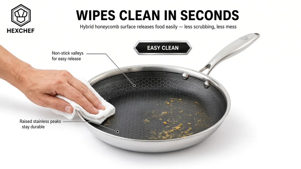 Wiping a HexChef honeycomb frying pan clean with a cloth