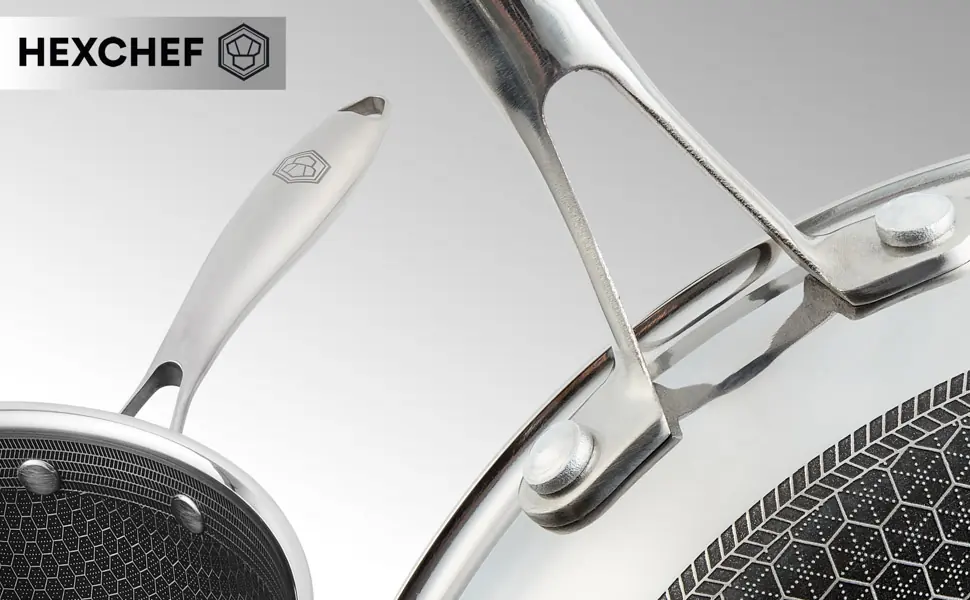 Riveted stainless steel handle and honeycomb surface of a HexChef pan