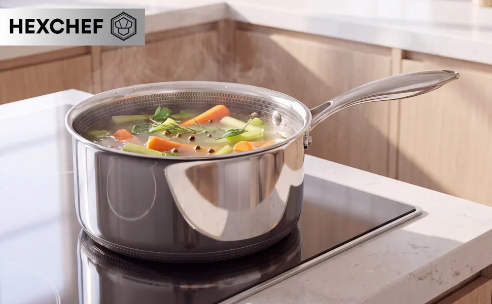 HexChef saucepan of vegetables on an induction hob in a bright kitchen