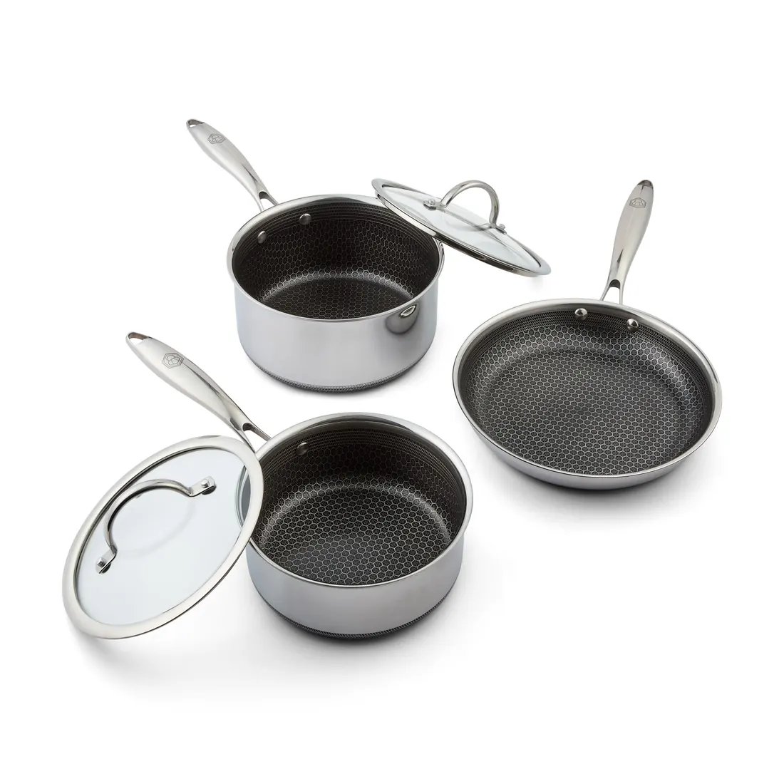 HexChef saucepans and frying pan with lids removed, showing the honeycomb interior